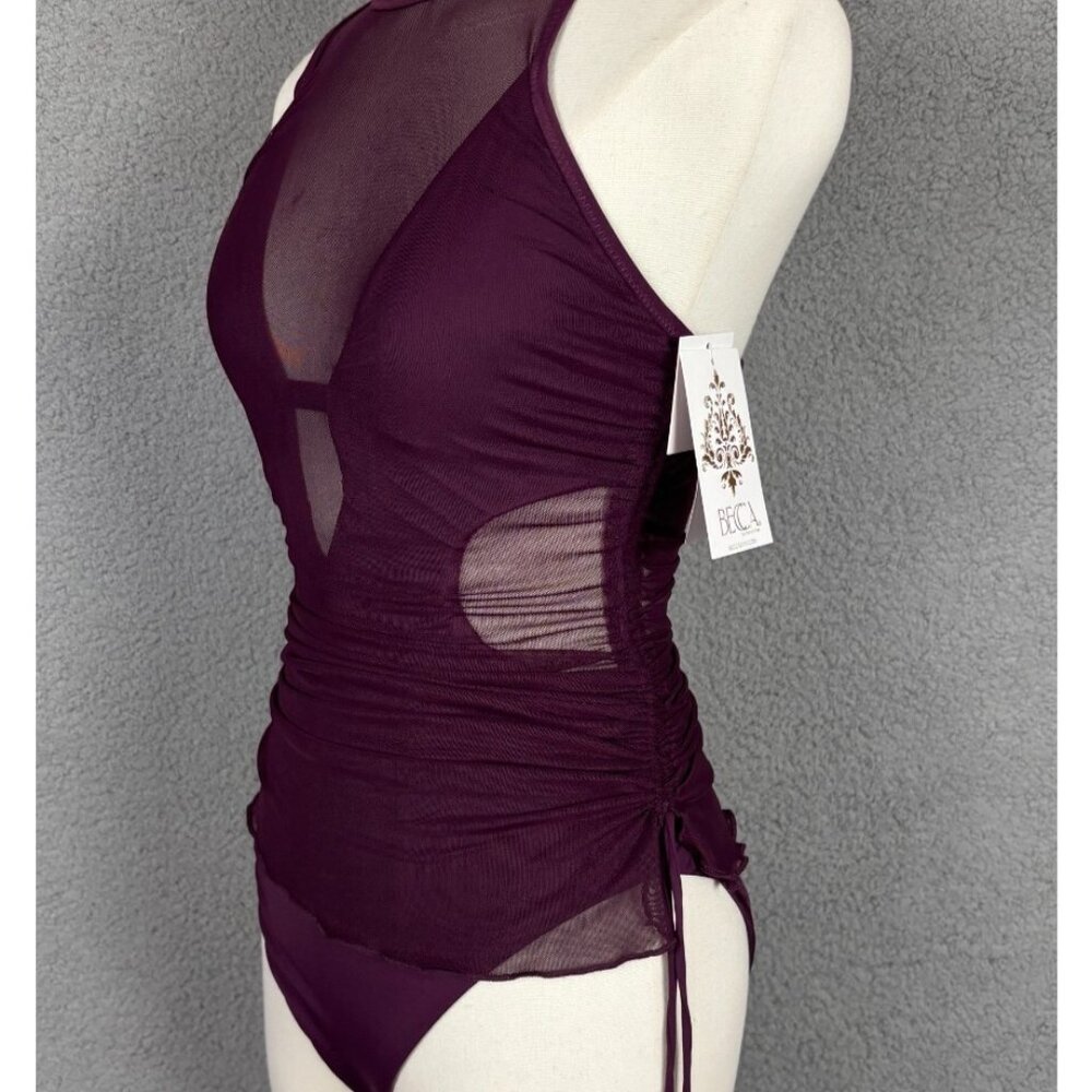 BECCA Women's Standard Muse One Piece Swimsuit High Neck Mesh Burgundy Small NWT - Picture 3 of 8